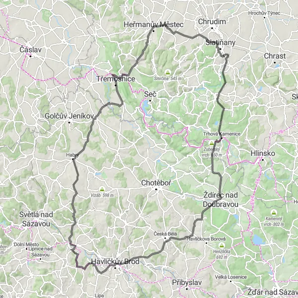 Map miniature of "Charming Road Cycling Loop near Slatiňany" cycling inspiration in Severovýchod, Czech Republic. Generated by Tarmacs.app cycling route planner