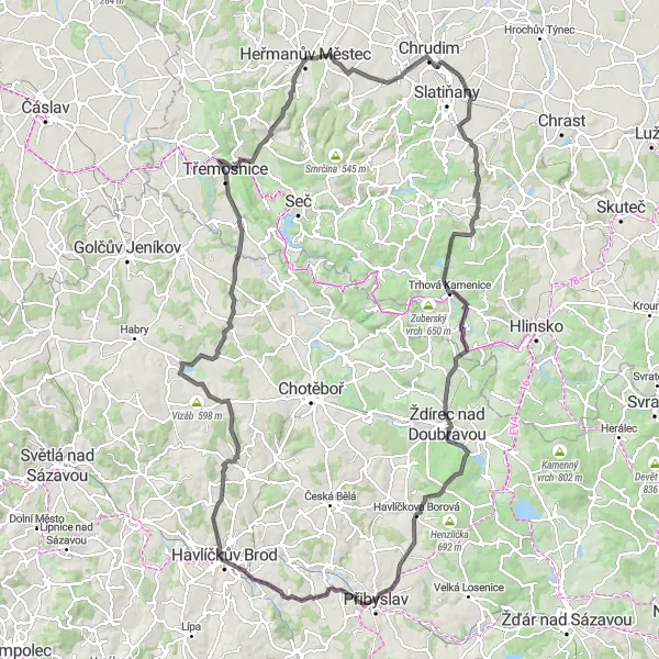 Miniaturní mapa "Okruh kolem Slatiňan a okolních vesnic" inspirace pro cyklisty v oblasti Severovýchod, Czech Republic. Vytvořeno pomocí plánovače tras Tarmacs.app