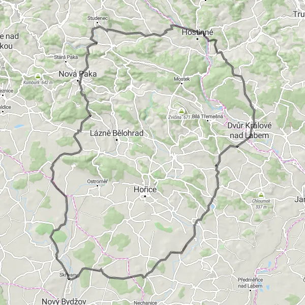 Map miniature of "Smidary to Smrkovec Round-trip" cycling inspiration in Severovýchod, Czech Republic. Generated by Tarmacs.app cycling route planner