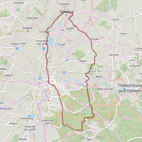 Mapa miniatúra "Gravelový okruh cez Dubový kopec" cyklistická inšpirácia v Severovýchod, Czech Republic. Vygenerované cyklistickým plánovačom trás Tarmacs.app