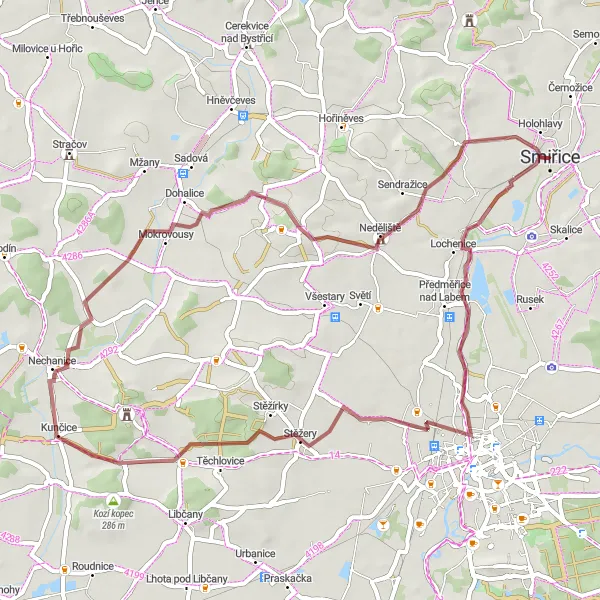 Map miniature of "Svobodné Dvory - Radostov - Horní Dohalice - Smiřice Gravel Cycling Route" cycling inspiration in Severovýchod, Czech Republic. Generated by Tarmacs.app cycling route planner