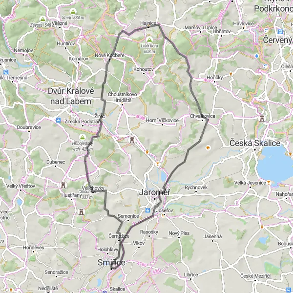 Map miniature of "The Nové Kocbeře Road Loop" cycling inspiration in Severovýchod, Czech Republic. Generated by Tarmacs.app cycling route planner