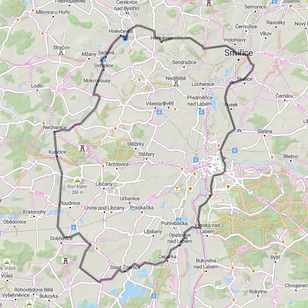 Map miniature of "Pouchov - Podůlšany - Bubnuv kopec - Třesovice - Smiřice Road Cycling Route" cycling inspiration in Severovýchod, Czech Republic. Generated by Tarmacs.app cycling route planner