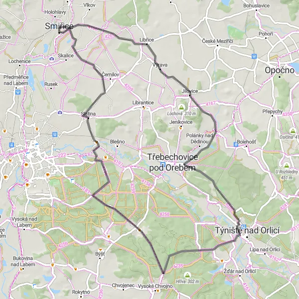 Map miniature of "Zámek Smiřice - Hřiby - Klášter nad Dědinou - Albrechtice nad Orlicí - Kroužek - Smiřice Road Cycling Route" cycling inspiration in Severovýchod, Czech Republic. Generated by Tarmacs.app cycling route planner