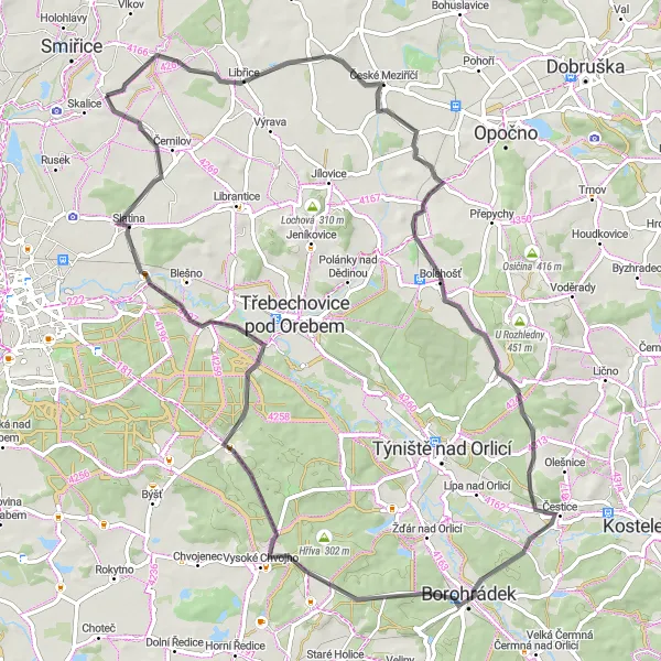 Karten-Miniaturansicht der Radinspiration "Hügeliges Straßenradfahren nach Číbuz" in Severovýchod, Czech Republic. Erstellt vom Tarmacs.app-Routenplaner für Radtouren