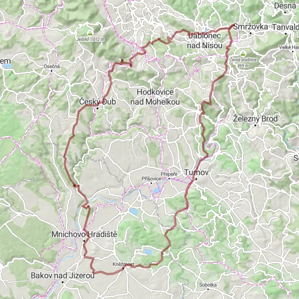 Map miniature of "Explore the Beautiful Landscapes of Liberec Region" cycling inspiration in Severovýchod, Czech Republic. Generated by Tarmacs.app cycling route planner