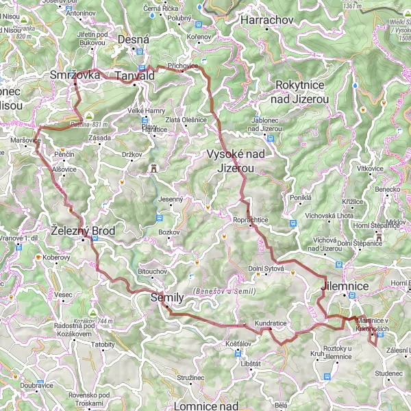 Map miniature of "Gravel Adventure in the Karkonosze Mountains" cycling inspiration in Severovýchod, Czech Republic. Generated by Tarmacs.app cycling route planner