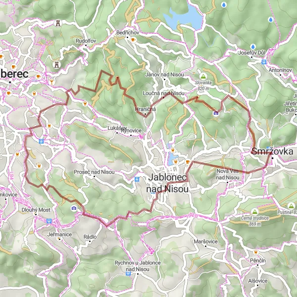 Map miniature of "Gravel Adventure in the Jizera Mountains" cycling inspiration in Severovýchod, Czech Republic. Generated by Tarmacs.app cycling route planner