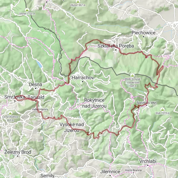 Mapa miniatúra "Krkonoše - Jizerské hory" cyklistická inšpirácia v Severovýchod, Czech Republic. Vygenerované cyklistickým plánovačom trás Tarmacs.app