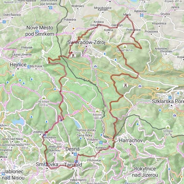 Map miniature of "The Smržovka Gravel Adventure" cycling inspiration in Severovýchod, Czech Republic. Generated by Tarmacs.app cycling route planner