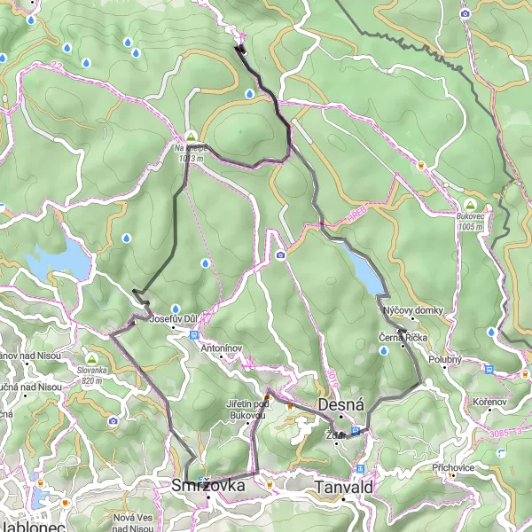 Mapa miniatúra "Jízda na kole kolem Smržovka" cyklistická inšpirácia v Severovýchod, Czech Republic. Vygenerované cyklistickým plánovačom trás Tarmacs.app