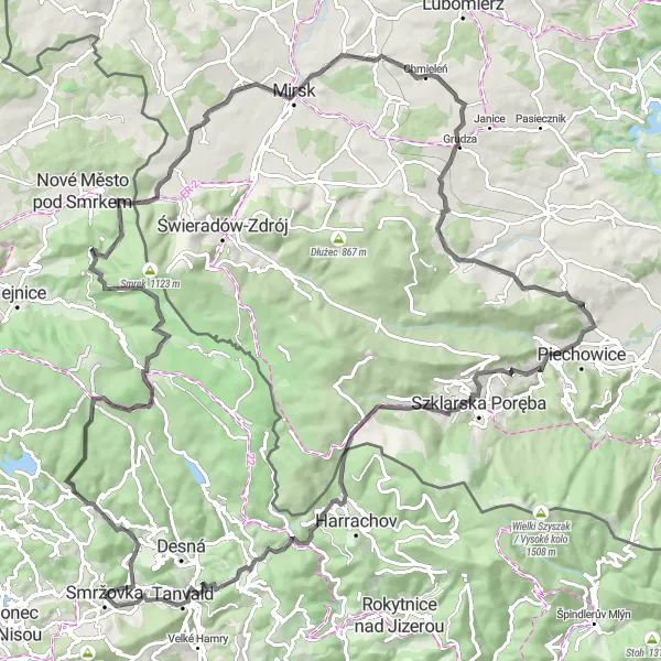 Miniaturní mapa "Kolem Severovýchodní České Republiky" inspirace pro cyklisty v oblasti Severovýchod, Czech Republic. Vytvořeno pomocí plánovače tras Tarmacs.app