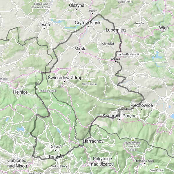 Miniaturní mapa "Okruh kolem Smržovky" inspirace pro cyklisty v oblasti Severovýchod, Czech Republic. Vytvořeno pomocí plánovače tras Tarmacs.app