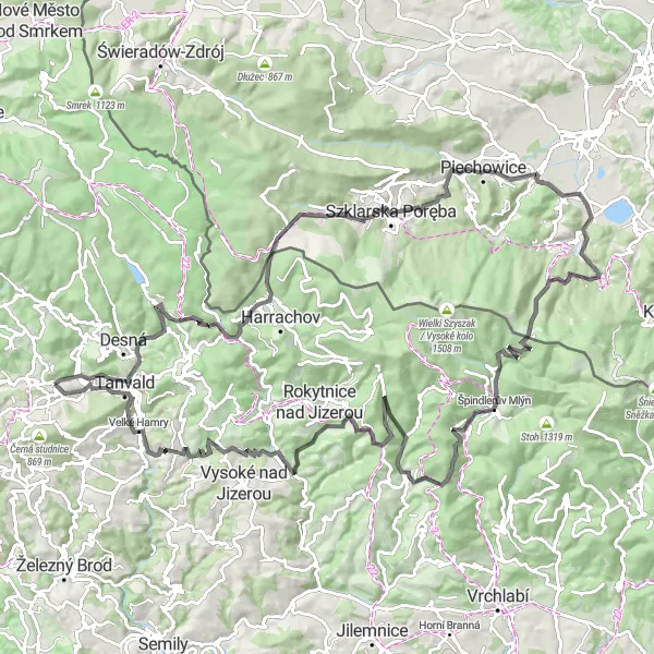 Map miniature of "Cycling through the Heart of the Giant Mountains" cycling inspiration in Severovýchod, Czech Republic. Generated by Tarmacs.app cycling route planner