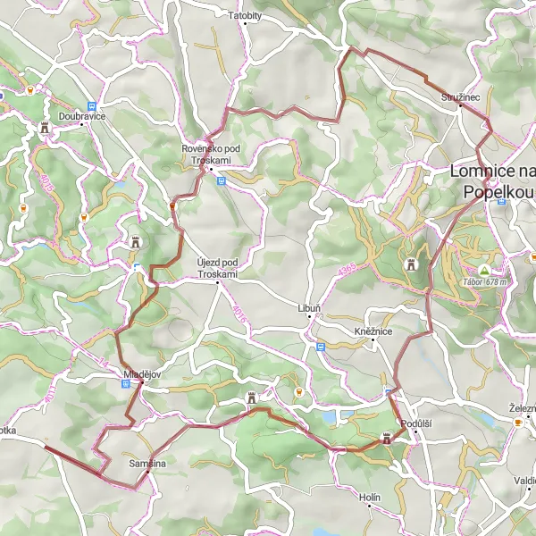 Mapa miniatúra "Okruh cez Mladějovskú horu a Jinolice" cyklistická inšpirácia v Severovýchod, Czech Republic. Vygenerované cyklistickým plánovačom trás Tarmacs.app