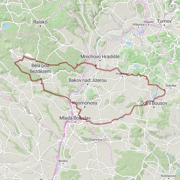 Miniaturní mapa "Dlouhá gravelová cyklotrasa kolem Sobotky" inspirace pro cyklisty v oblasti Severovýchod, Czech Republic. Vytvořeno pomocí plánovače tras Tarmacs.app