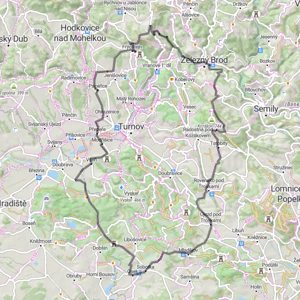 Miniaturní mapa "Náročná trasa kolem Větráku" inspirace pro cyklisty v oblasti Severovýchod, Czech Republic. Vytvořeno pomocí plánovače tras Tarmacs.app