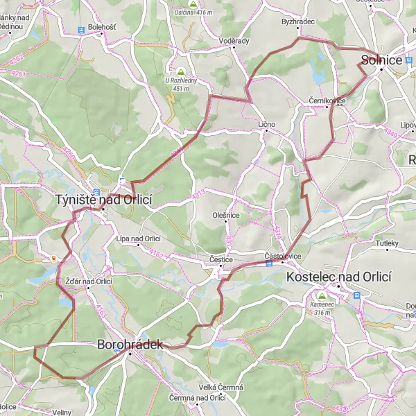 Mapa miniatúra "Gravelová trasa okolo Solnice" cyklistická inšpirácia v Severovýchod, Czech Republic. Vygenerované cyklistickým plánovačom trás Tarmacs.app