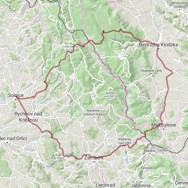 Miniaturní mapa "Výlet kolem Kvasin a Klášterece nad Orlicí" inspirace pro cyklisty v oblasti Severovýchod, Czech Republic. Vytvořeno pomocí plánovače tras Tarmacs.app