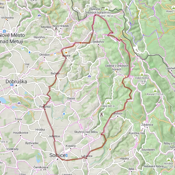 Miniaturní mapa "Gravel Solnice - zámek Kvasiny" inspirace pro cyklisty v oblasti Severovýchod, Czech Republic. Vytvořeno pomocí plánovače tras Tarmacs.app