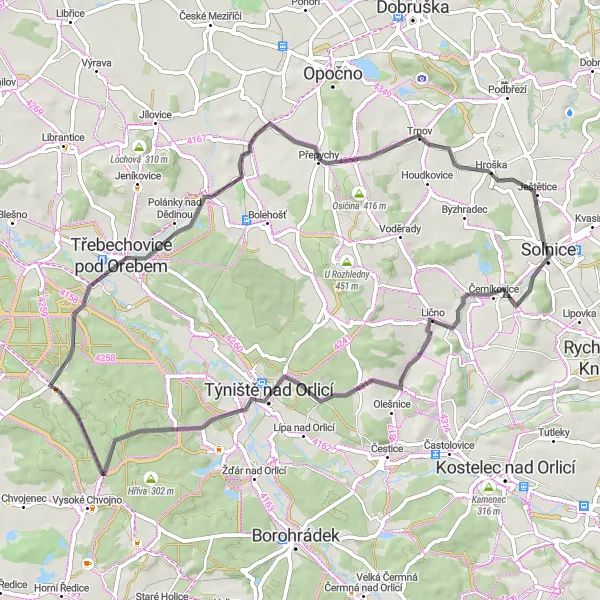 Karten-Miniaturansicht der Radinspiration "Rundweg von Solnice nach Solnice über Háj" in Severovýchod, Czech Republic. Erstellt vom Tarmacs.app-Routenplaner für Radtouren