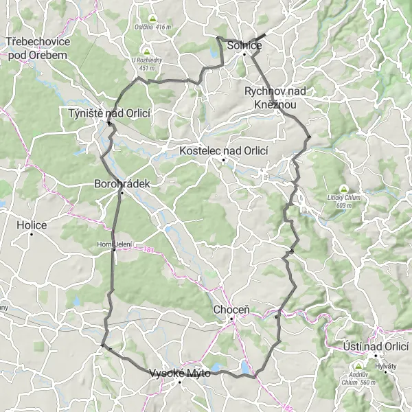 Map miniature of "Route 1: The Justice Ride" cycling inspiration in Severovýchod, Czech Republic. Generated by Tarmacs.app cycling route planner
