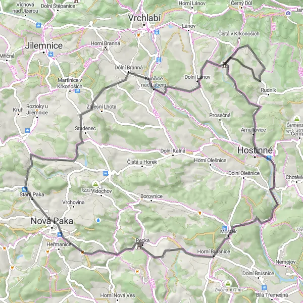 Miniaturní mapa "Cyklotrasa Stará Paka - Bělá u Pecky" inspirace pro cyklisty v oblasti Severovýchod, Czech Republic. Vytvořeno pomocí plánovače tras Tarmacs.app