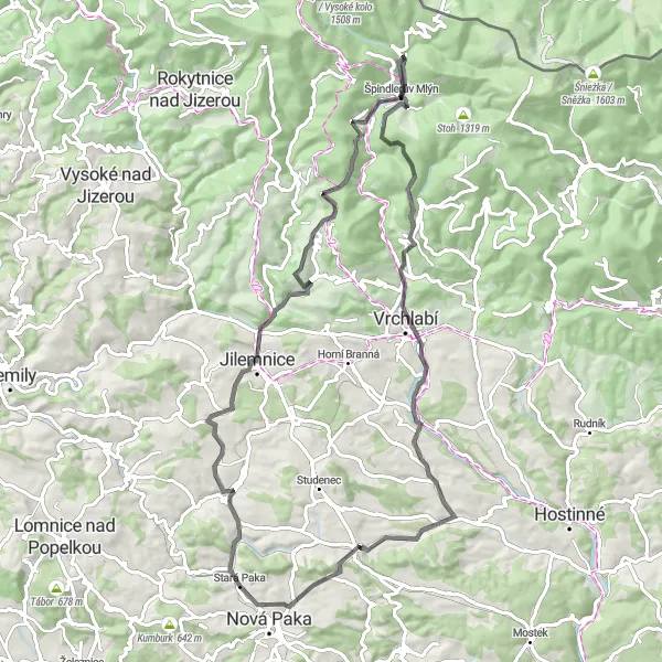 Mapa miniatúra "Cyklotrasa cez Šeřín a Špindlerův Mlýn" cyklistická inšpirácia v Severovýchod, Czech Republic. Vygenerované cyklistickým plánovačom trás Tarmacs.app