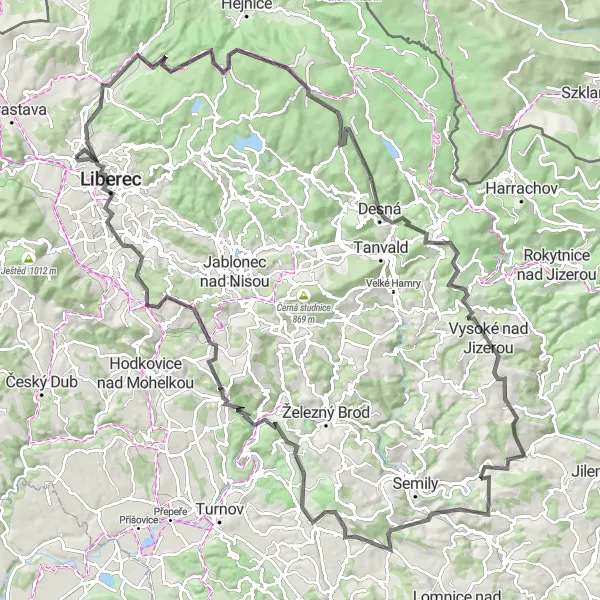 Mapa miniatúra "Náročná silniční trasa s panoramatickými výhledy" cyklistická inšpirácia v Severovýchod, Czech Republic. Vygenerované cyklistickým plánovačom trás Tarmacs.app