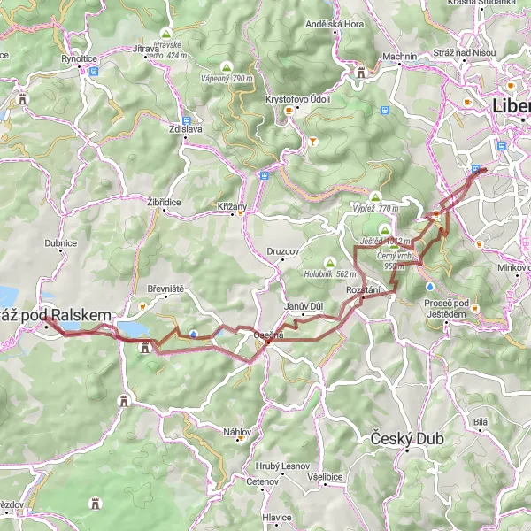 Map miniature of "Gravel Tour Around Stráž pod Ralskem" cycling inspiration in Severovýchod, Czech Republic. Generated by Tarmacs.app cycling route planner