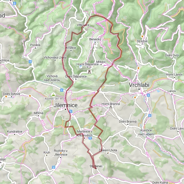 Map miniature of "Exploring Studenec and Beyond" cycling inspiration in Severovýchod, Czech Republic. Generated by Tarmacs.app cycling route planner