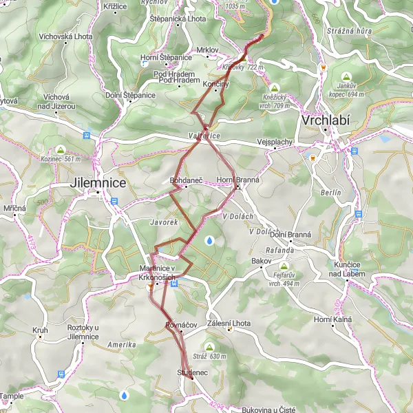 Map miniature of "Studenec and Surroundings" cycling inspiration in Severovýchod, Czech Republic. Generated by Tarmacs.app cycling route planner