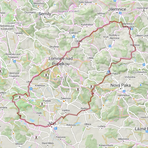 Miniaturní mapa "Gravelový okruh Kumburk - Studenec" inspirace pro cyklisty v oblasti Severovýchod, Czech Republic. Vytvořeno pomocí plánovače tras Tarmacs.app