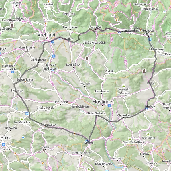 Mapa miniatúra "Okruh kolem Dolní Branné" cyklistická inšpirácia v Severovýchod, Czech Republic. Vygenerované cyklistickým plánovačom trás Tarmacs.app