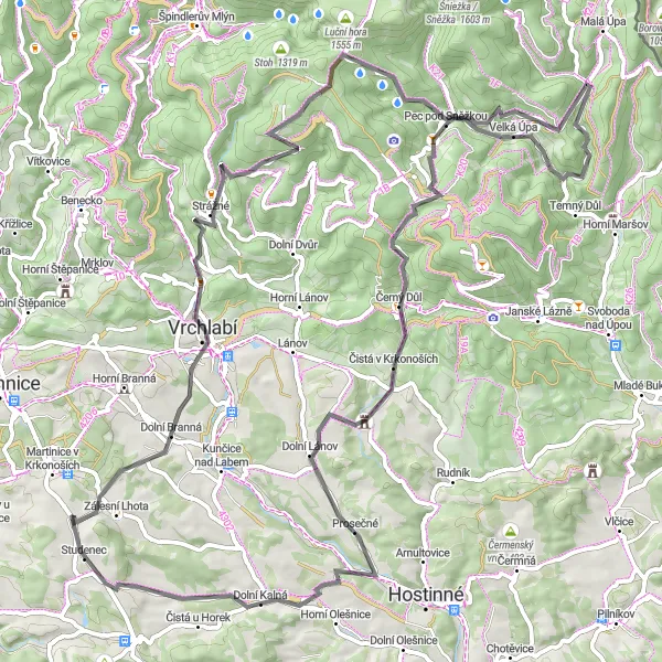 Miniaturní mapa "Výzva do výšin Krkonoš" inspirace pro cyklisty v oblasti Severovýchod, Czech Republic. Vytvořeno pomocí plánovače tras Tarmacs.app