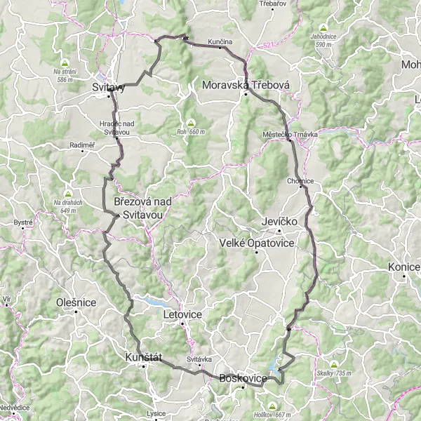 Miniaturní mapa "Náročný okruh kolem Svitav" inspirace pro cyklisty v oblasti Severovýchod, Czech Republic. Vytvořeno pomocí plánovače tras Tarmacs.app