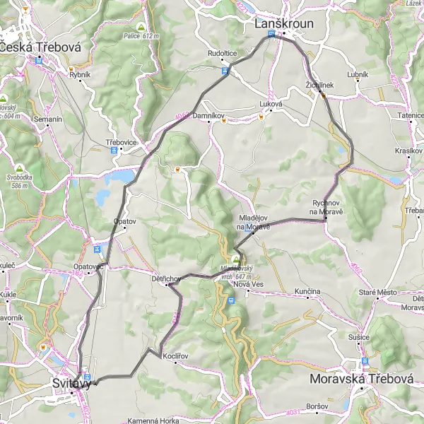 Miniaturní mapa "Cyklotrasa Svitavy - Třebovické sedlo - Mladějov na Moravě" inspirace pro cyklisty v oblasti Severovýchod, Czech Republic. Vytvořeno pomocí plánovače tras Tarmacs.app