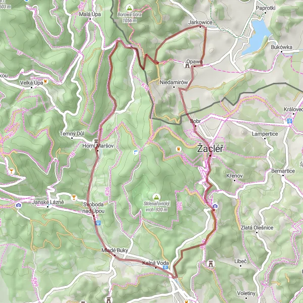 Miniatura mapy "Trasa gravelowa przez Kalną Water i więcej" - trasy rowerowej w Severovýchod, Czech Republic. Wygenerowane przez planer tras rowerowych Tarmacs.app
