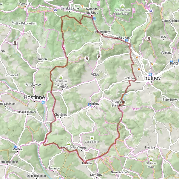 Mapa miniatúra "Gravelová trasa Janské Lázně a okolí" cyklistická inšpirácia v Severovýchod, Czech Republic. Vygenerované cyklistickým plánovačom trás Tarmacs.app