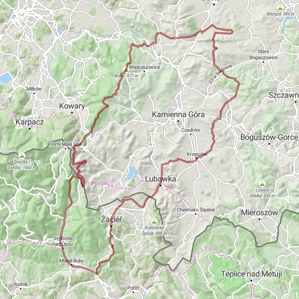 Mapa miniatúra "Gravelová trasa Jastrzębia Góra a okolí" cyklistická inšpirácia v Severovýchod, Czech Republic. Vygenerované cyklistickým plánovačom trás Tarmacs.app