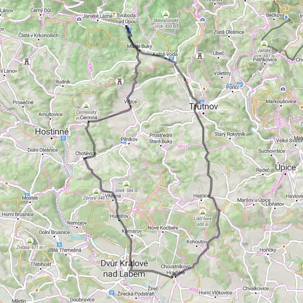 Karten-Miniaturansicht der Radinspiration "Rundtour durch das Grüne Tal" in Severovýchod, Czech Republic. Erstellt vom Tarmacs.app-Routenplaner für Radtouren