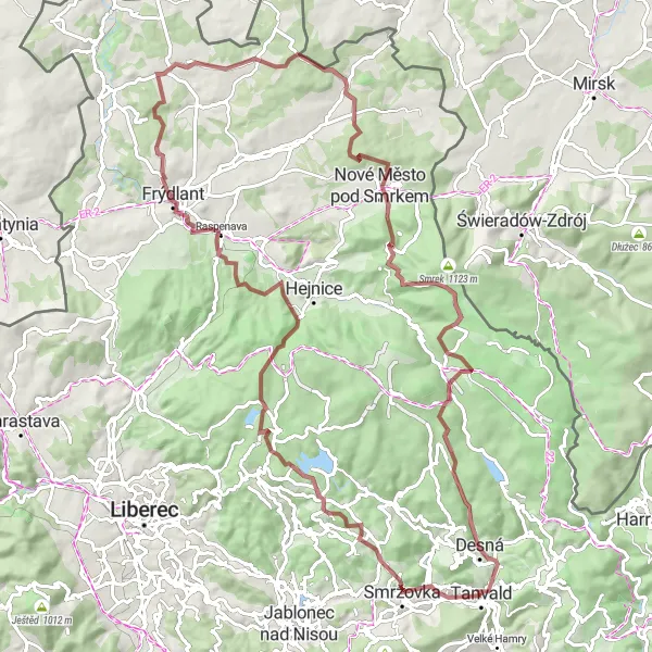 Mapa miniatúra "Okruh po štěrkových cestách s výškovým převýšením 1850 m a délkou 94 km" cyklistická inšpirácia v Severovýchod, Czech Republic. Vygenerované cyklistickým plánovačom trás Tarmacs.app