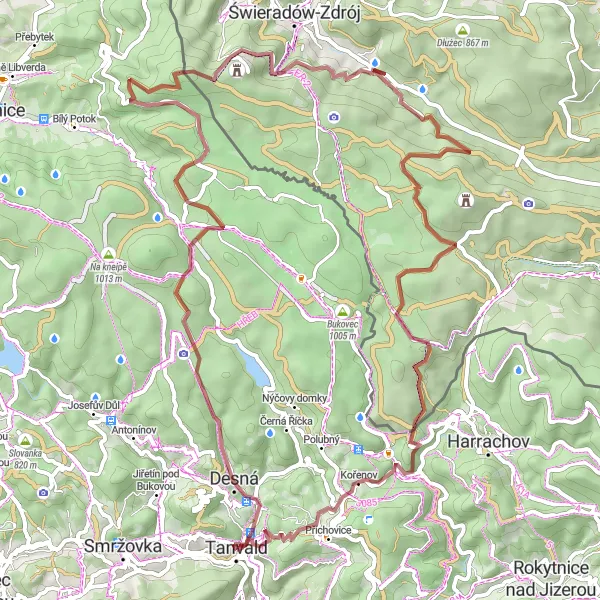 Miniaturní mapa "Gravelová cyklotrasa Tanvald - Mříčná" inspirace pro cyklisty v oblasti Severovýchod, Czech Republic. Vytvořeno pomocí plánovače tras Tarmacs.app