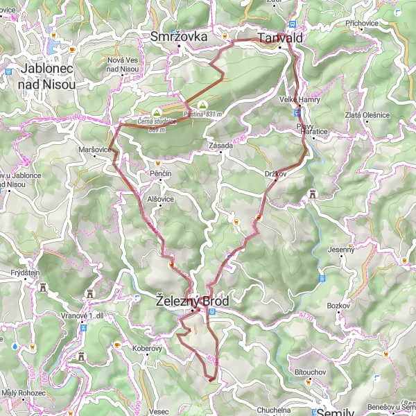 Map miniature of "Gravel Adventure around Tanvald" cycling inspiration in Severovýchod, Czech Republic. Generated by Tarmacs.app cycling route planner