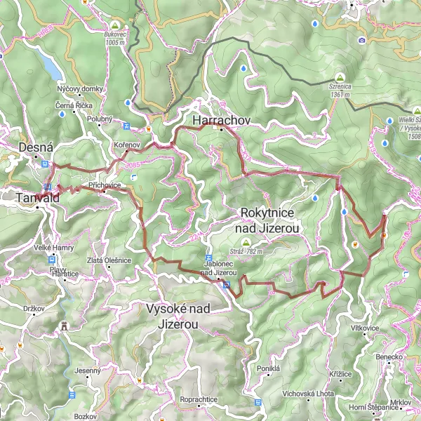 Map miniature of "Scenic Gravel Cycling Route Exploring Tanvald's Surroundings" cycling inspiration in Severovýchod, Czech Republic. Generated by Tarmacs.app cycling route planner