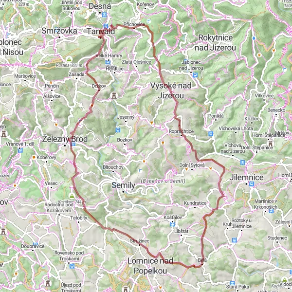 Miniaturní mapa "Gravelová cesta Tanvald - Vyhlídka nad Tanvaldem" inspirace pro cyklisty v oblasti Severovýchod, Czech Republic. Vytvořeno pomocí plánovače tras Tarmacs.app