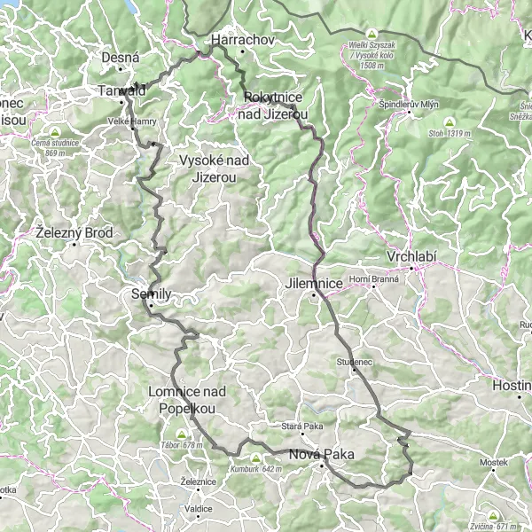 Map miniature of "Road Cycling Challenge: Tanvald and Beyond" cycling inspiration in Severovýchod, Czech Republic. Generated by Tarmacs.app cycling route planner