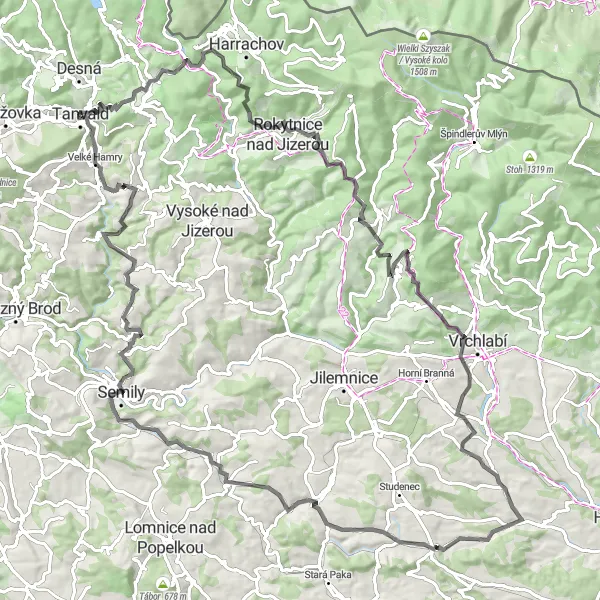 Mapa miniatúra "Okruh Tanvald - Severovýchod" cyklistická inšpirácia v Severovýchod, Czech Republic. Vygenerované cyklistickým plánovačom trás Tarmacs.app