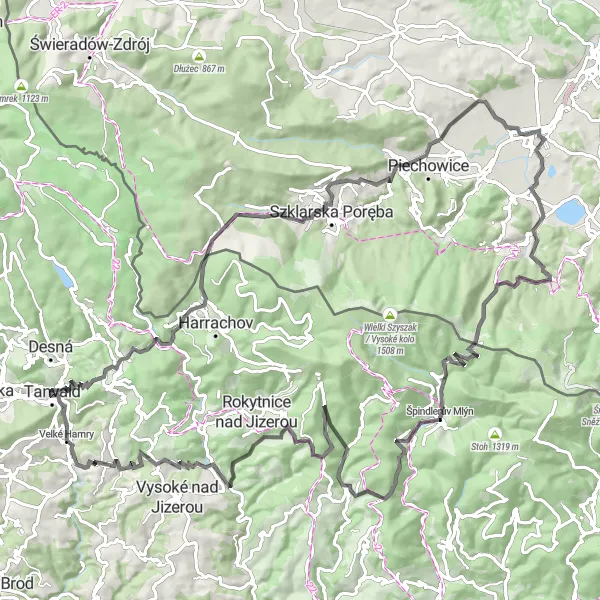 Mapa miniatúra "Okruh po silnici s výškovým převýšením 2620 m a délkou 114 km" cyklistická inšpirácia v Severovýchod, Czech Republic. Vygenerované cyklistickým plánovačom trás Tarmacs.app