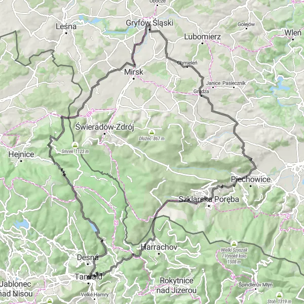 Map miniature of "Tanvald Loop Road Cycling Route" cycling inspiration in Severovýchod, Czech Republic. Generated by Tarmacs.app cycling route planner